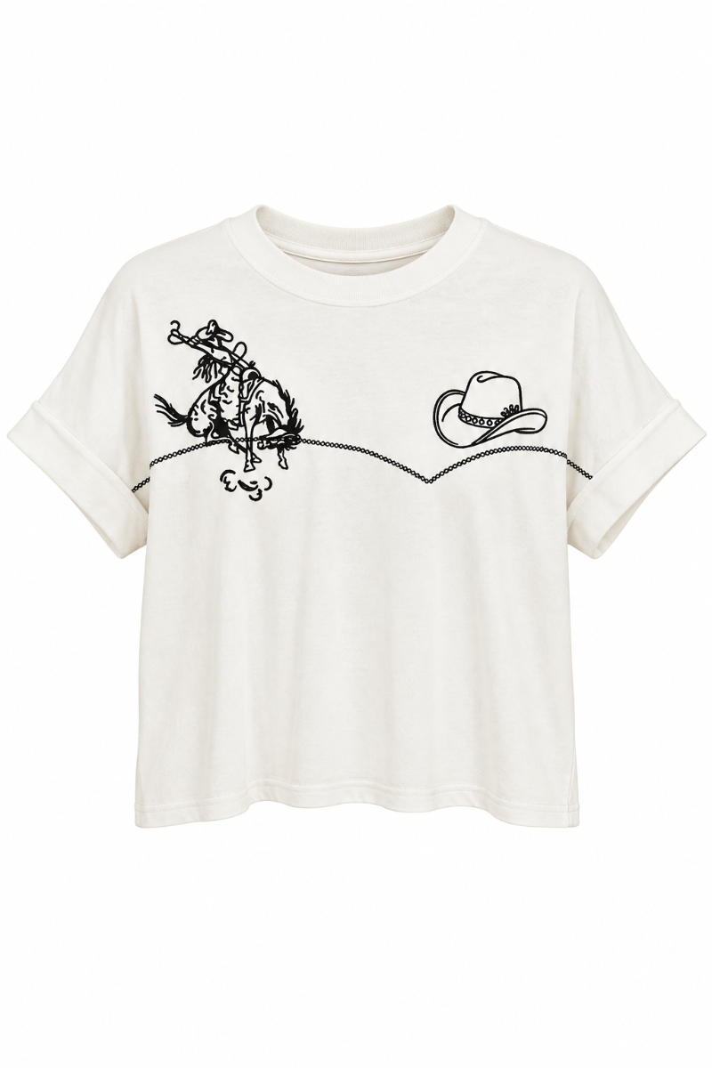 Trestles Clothing Company cream cropped tee with black embroidered bronco and cowboy hat graphic design